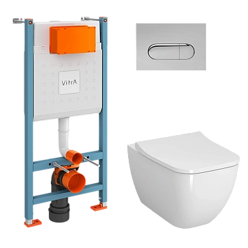 Комплект унитаза VitrA Shift 9855B003-7206 4 в 1 с инсталляцией, сиденьем микролифт, безободковый, клавиша хром
