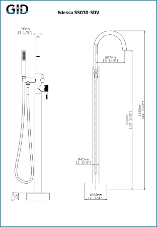 Смеситель для ванны GID Edessa L070-CH-SDV (L070CHSDV) напольный, хром Смеситель для ванны GID Edessa L070-CH-SDV (L070CHSDV) напольный, хром
