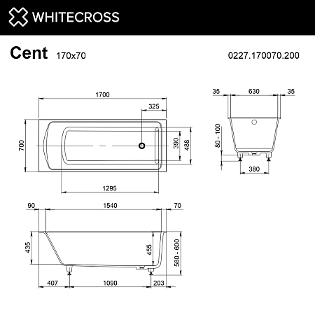 Ванна из искусственного камня WHITECROSS Cent 170x70 0227.170070.200 белый матовый Ванна из искусственного камня WHITECROSS Cent 170x70 0227.170070.200 белый матовый