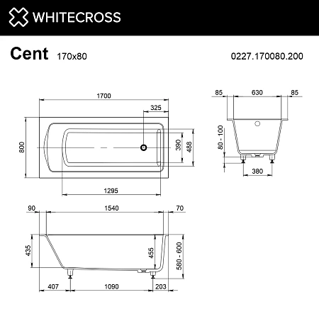 Ванна из искусственного камня WHITECROSS Cent 170x80 0227.170080.200 белый матовый Ванна из искусственного камня WHITECROSS Cent 170x80 0227.170080.200 белый матовый