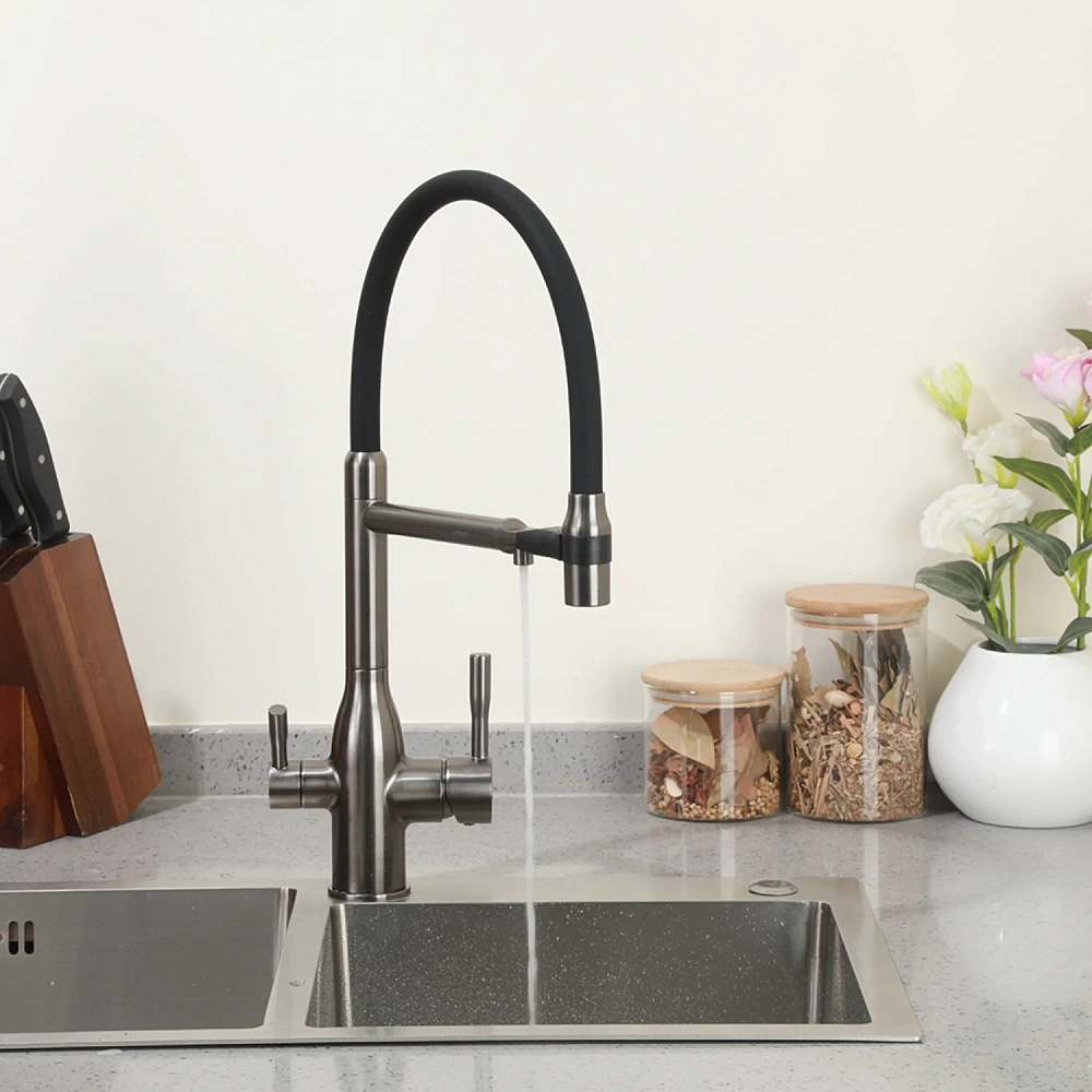 Смеситель для кухни FRAP F4398-9 с гибким изливом и подключением фильтра, оружейная сталь — Изображение 10