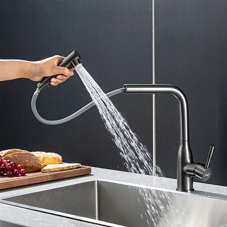Смеситель для кухни FRAP F6096-9 с выдвижным изливом, оружейная сталь Смеситель для кухни FRAP F6096-9 с выдвижным изливом, оружейная сталь