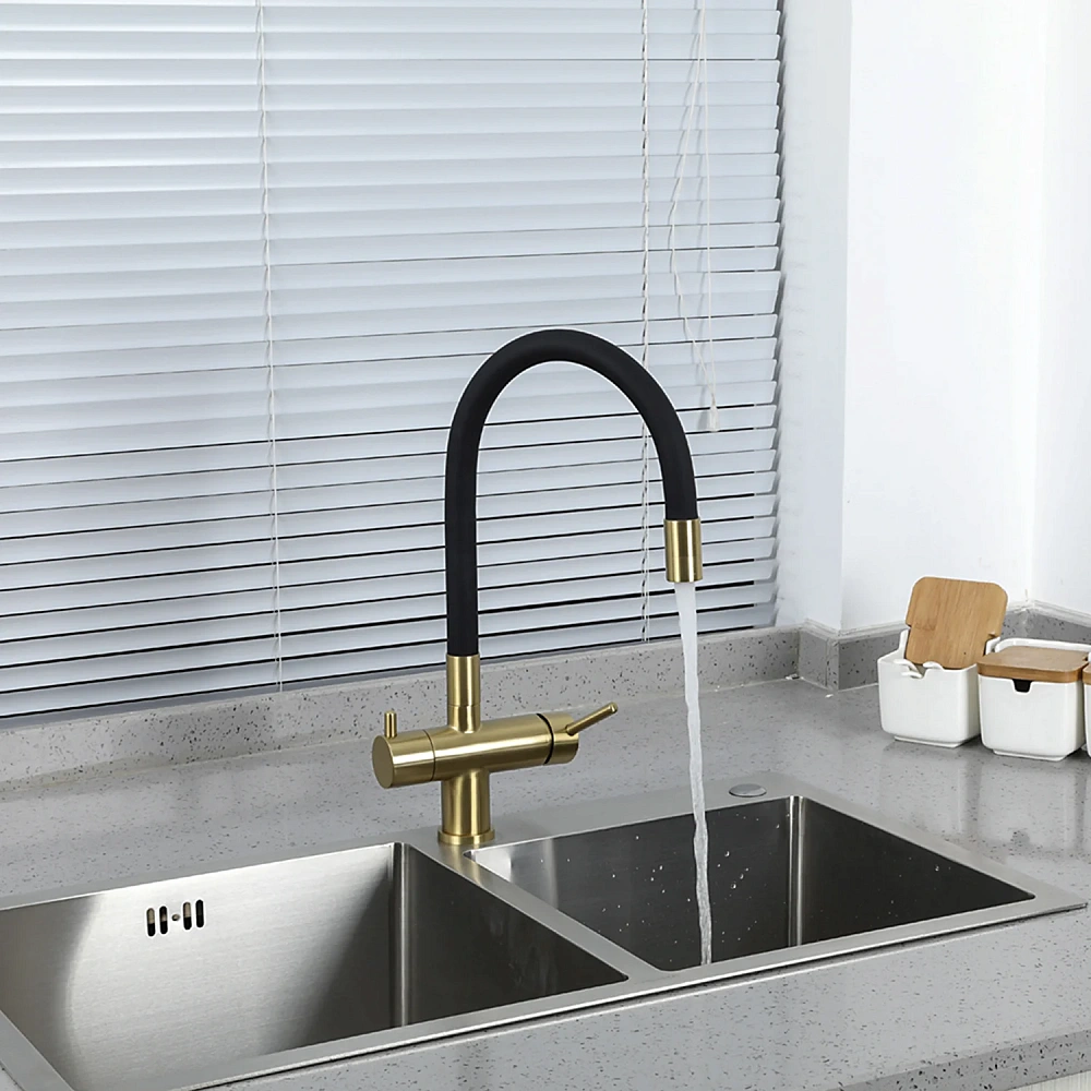 Смеситель для кухни GAPPO G4398-33 с гибким изливом и подключением фильтра, золотой сатин — Изображение 7