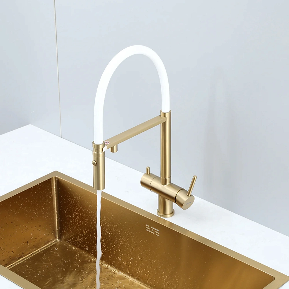 Смеситель для кухни GAPPO G4397-83 с гибким изливом и подключением фильтра, золотой сатин — Изображение 6
