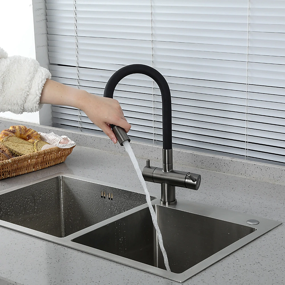 Смеситель для кухни GAPPO G4398-39 с гибким изливом и подключением фильтра, оружейная сталь — Изображение 7