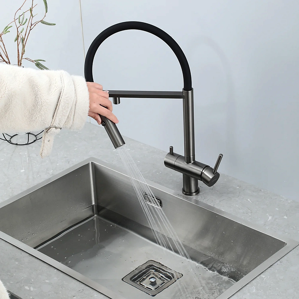 Смеситель для кухни GAPPO G4397-89 с гибким изливом и подключением фильтра, оружейная сталь — Изображение 9