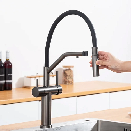 Смеситель для кухни GAPPO G4399-89 с гибким изливом и подключением фильтра, оружейная сталь Смеситель для кухни GAPPO G4399-89 с гибким изливом и подключением фильтра, оружейная сталь