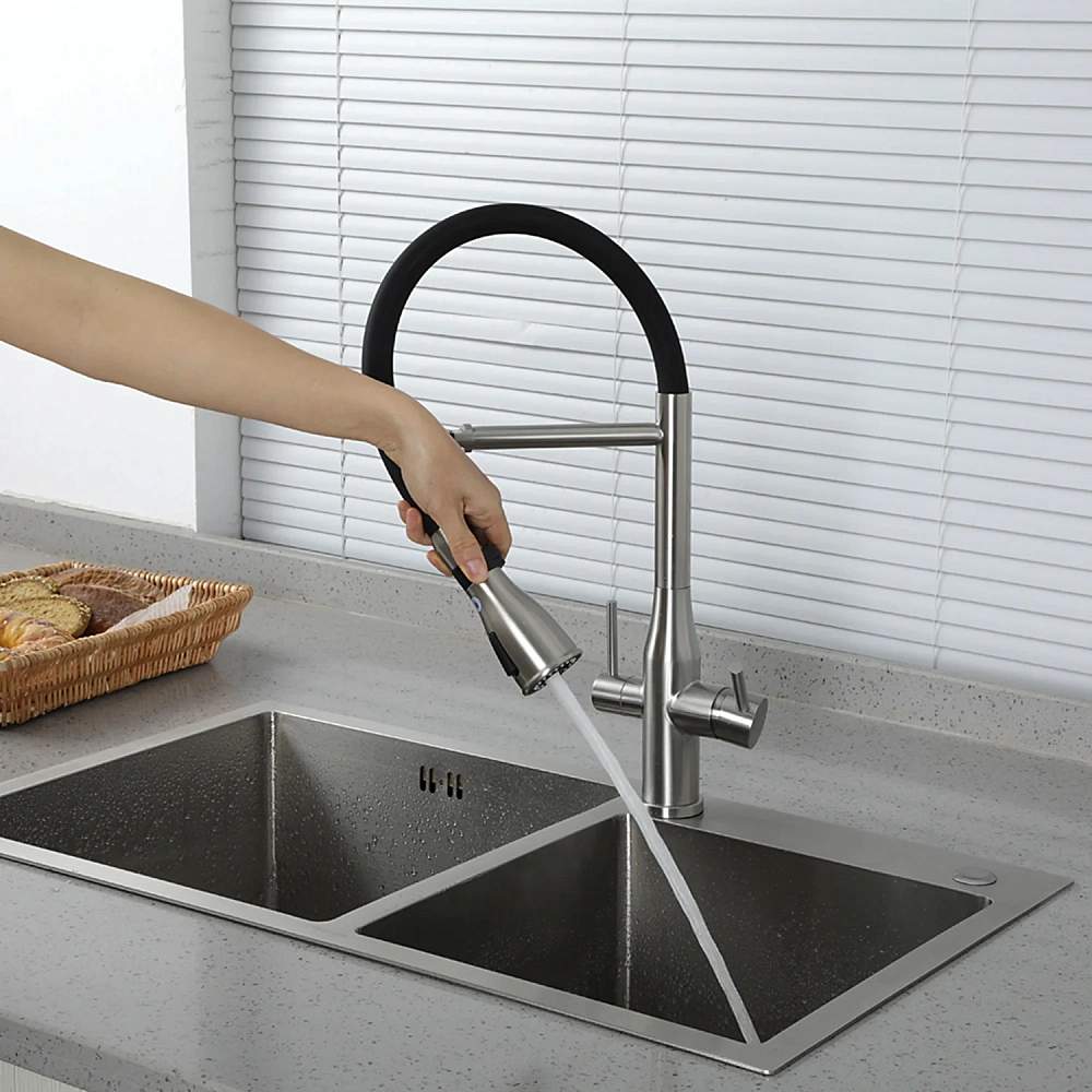 Смеситель для кухни GAPPO G4399-75 с гибким изливом и подключением фильтра, сатин — Изображение 7