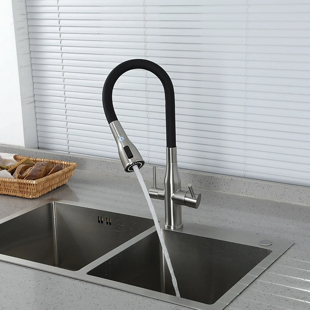 Смеситель для кухни GAPPO G4399-65 с гибким изливом и подключением фильтра, сатин — Изображение 6