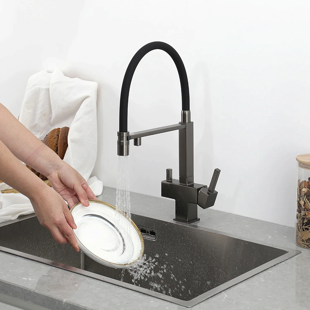 Смеситель для кухни GAPPO G4395-59 с гибким изливом и подключением фильтра, оружейная сталь — Изображение 8