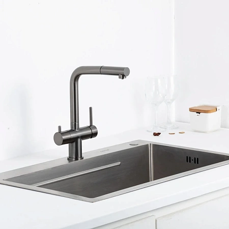 Смеситель для кухни GAPPO G4397-79 с выдвижным изливом и подключением фильтра, оружейная сталь Смеситель для кухни GAPPO G4397-79 с выдвижным изливом и подключением фильтра, оружейная сталь