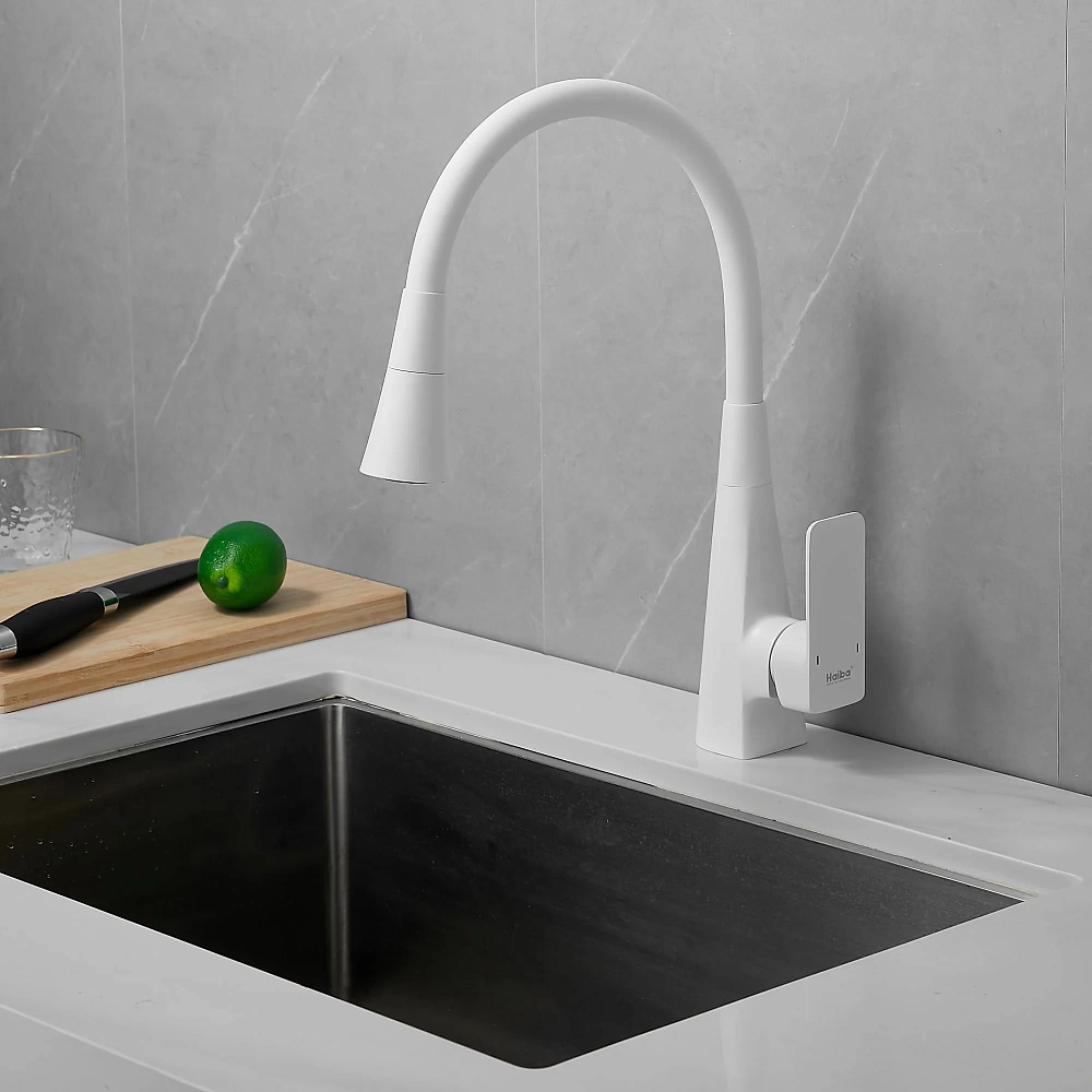 Смеситель для кухни Haiba HB73823-8 с гибким изливом, белый — Изображение 3