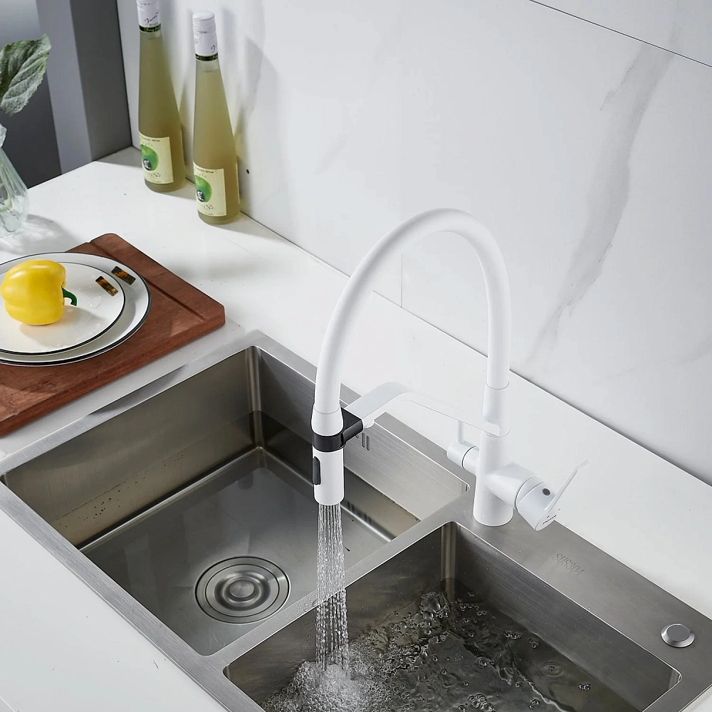Смеситель для кухни Shevanik S278C с гибким изливом и подключением фильтра, белый — Изображение 14