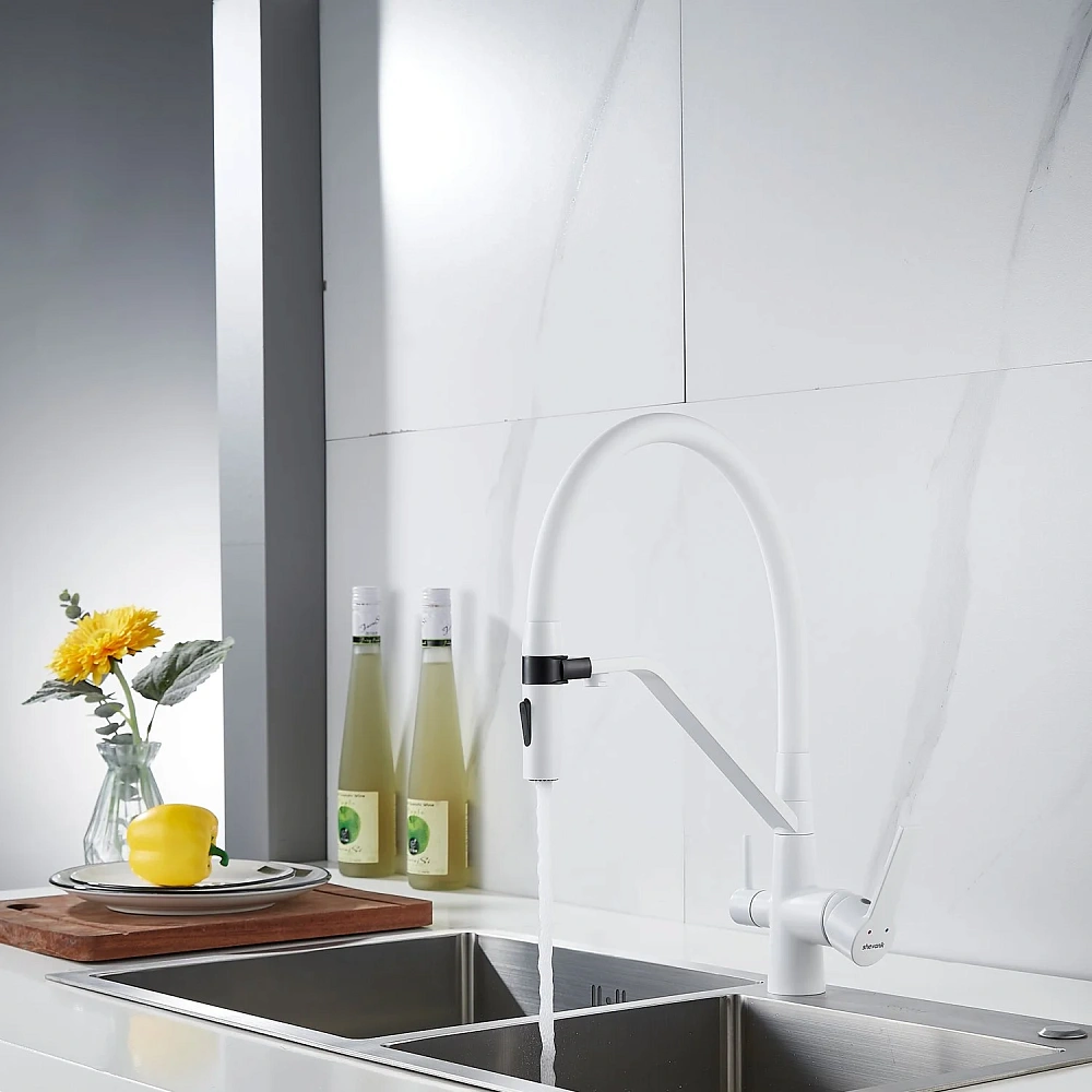 Смеситель для кухни Shevanik S278C с гибким изливом и подключением фильтра, белый — Изображение 21