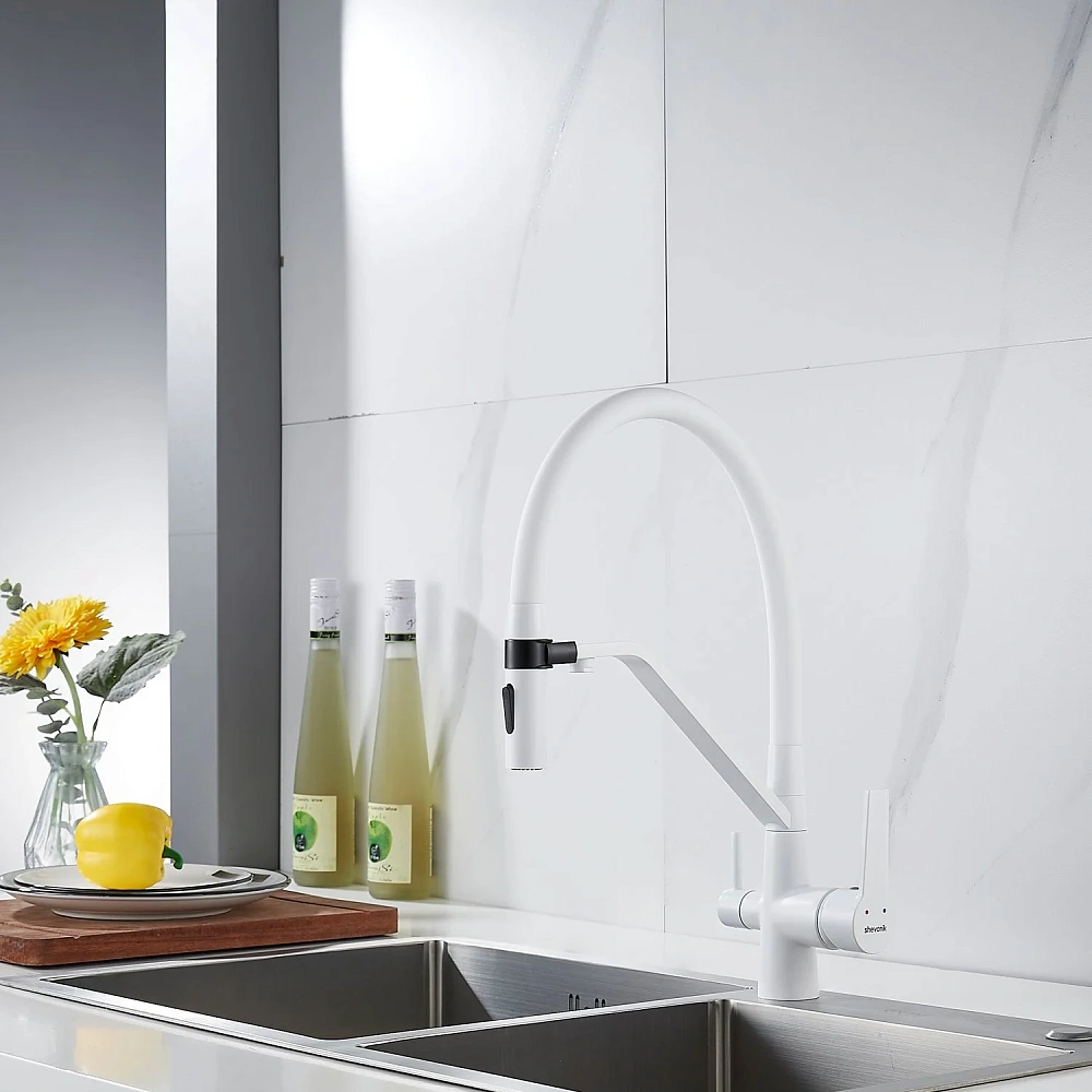 Смеситель для кухни Shevanik S278C с гибким изливом и подключением фильтра, белый — Изображение 22