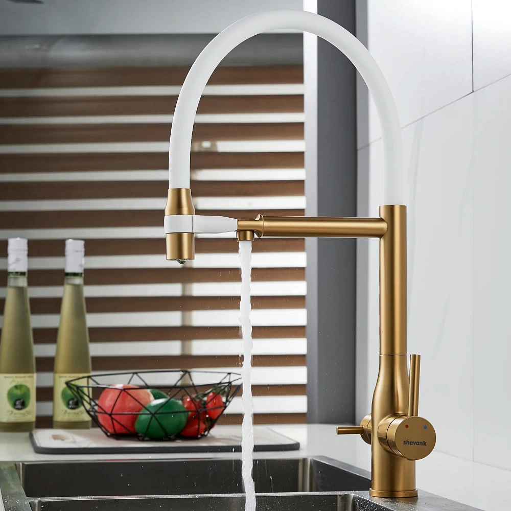 Смеситель для кухни Shevanik S378G с гибким изливом и подключением фильтра, золотой сатин/белый — Изображение 14