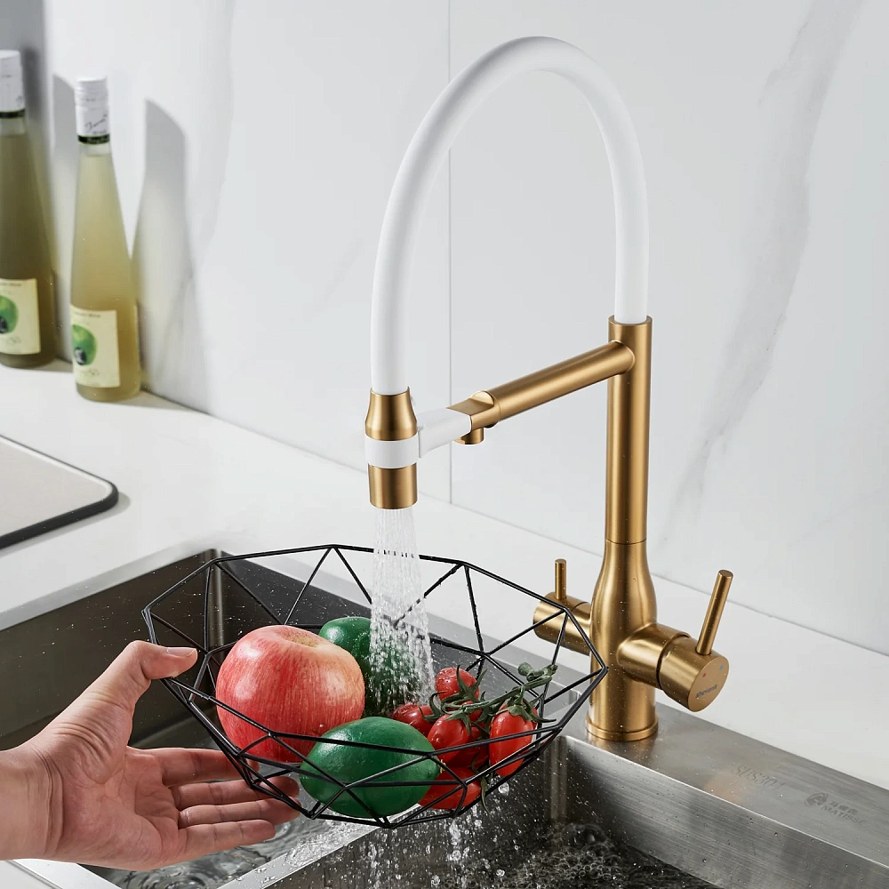 Смеситель для кухни Shevanik S378G с гибким изливом и подключением фильтра, золотой сатин/белый — Изображение 18