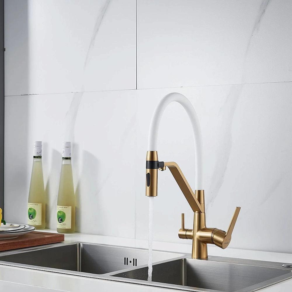 Смеситель для кухни Shevanik S278G с гибким изливом и подключением фильтра, золотой сатин — Изображение 16