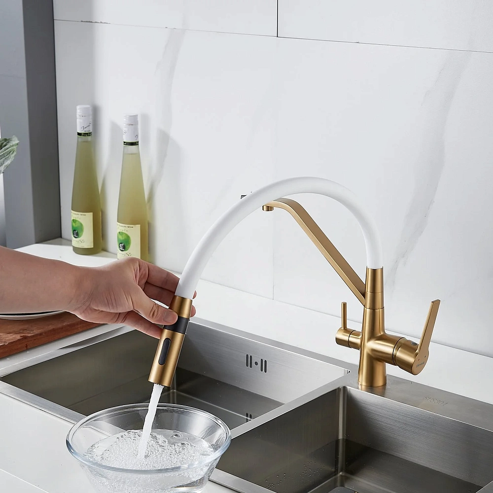 Смеситель для кухни Shevanik S278G с гибким изливом и подключением фильтра, золотой сатин — Изображение 25