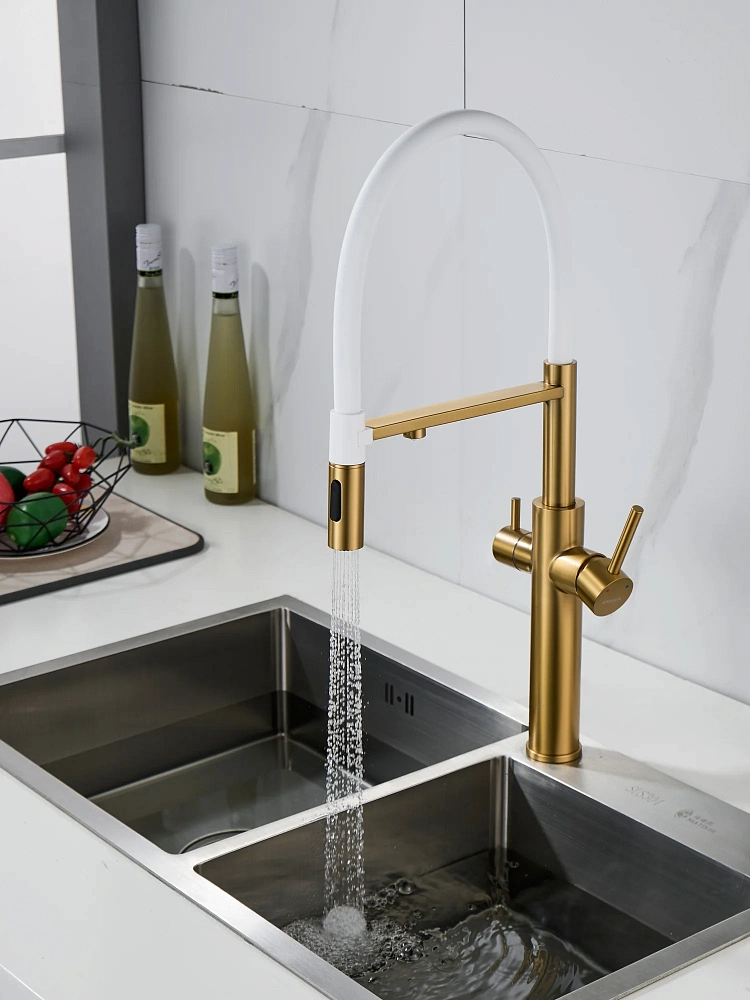 Смеситель для кухни Shevanik S478G с гибким изливом и подключением фильтра, золотой сатин — Изображение 22