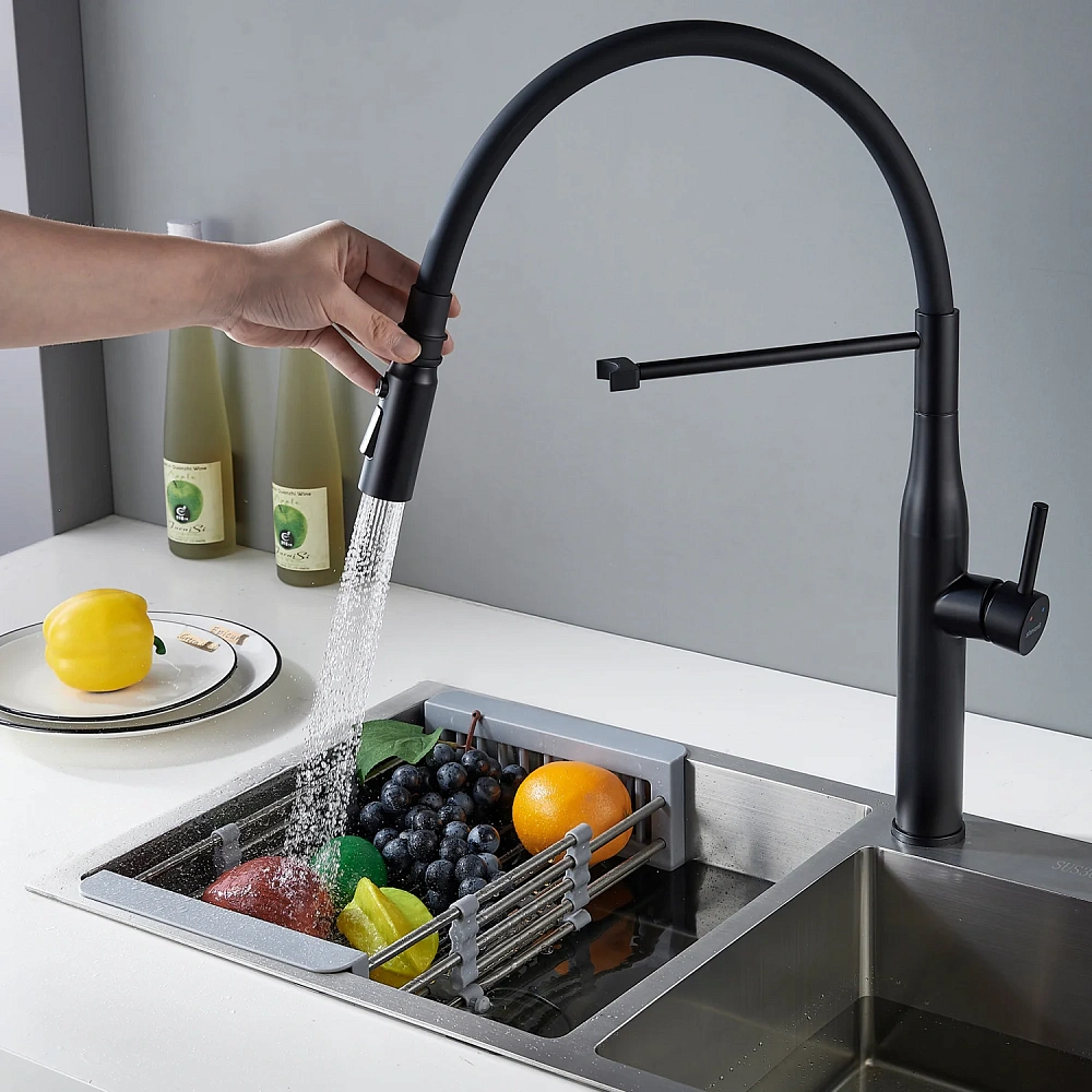 Смеситель для кухни Shevanik S123H-3 с гибким изливом, черный — Изображение 13