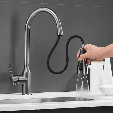Смеситель для кухни Shevanik S163T с выдвижным изливом, оружейная сталь Смеситель для кухни Shevanik S163T с выдвижным изливом, оружейная сталь