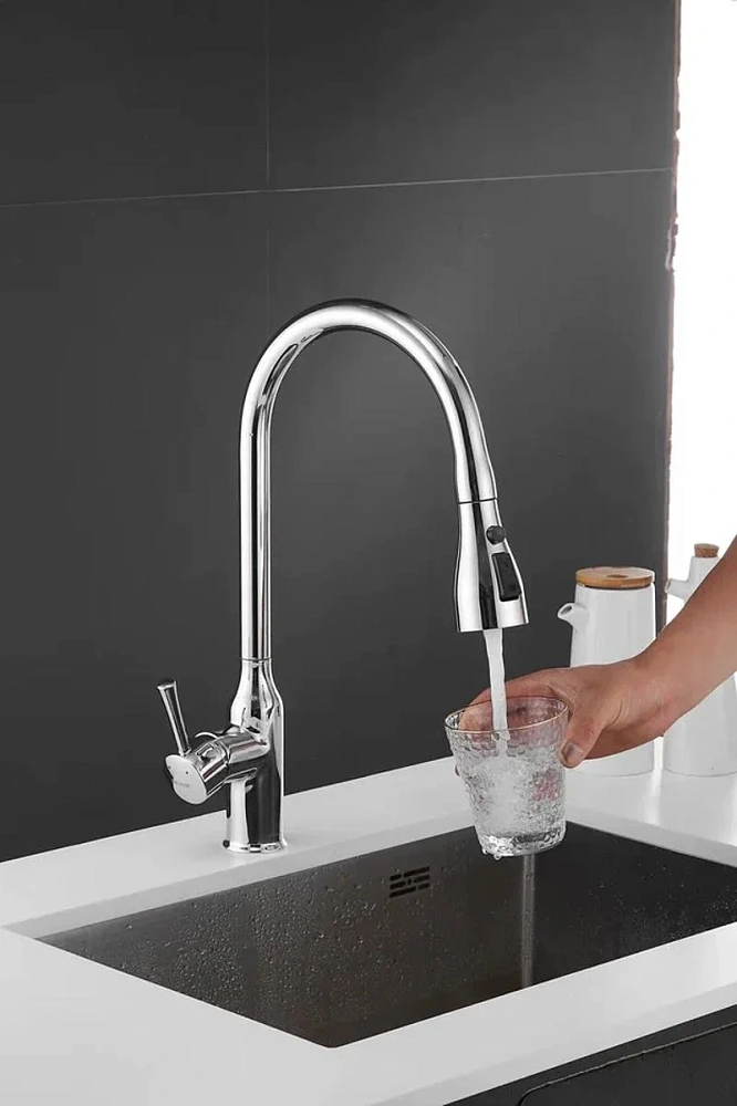 Смеситель для кухни Shevanik S163 с выдвижным изливом, хром — Изображение 12