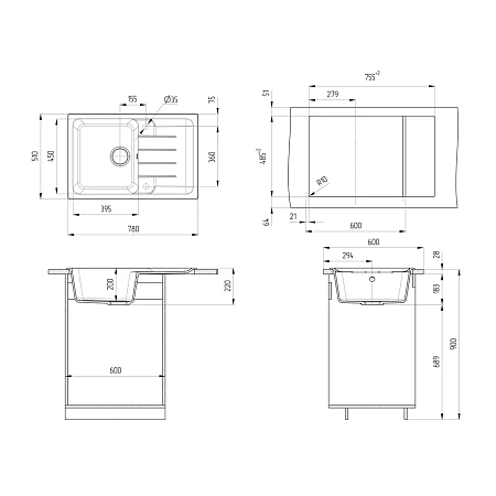 Кухонная мойка Ulgran Quartz Gerda 780-08 космос Кухонная мойка Ulgran Quartz Gerda 780-08 космос