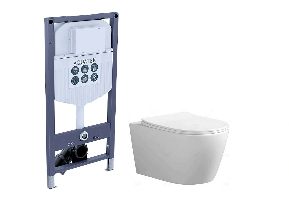 Комплект унитаза Set AQUATEK АУРА INS23 инсталляция AQUATEK INS-0000023+ унитаз АУРА AQ1805T-00, тонкое сиденье микролифт — Изображение 1