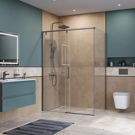 Душевой уголок BelBagno SOFT_CLOSE-1-AH-1-140/80-C-GM 140x80 см, профиль оружейная сталь, стекло прозрачное Душевой уголок BelBagno SOFT_CLOSE-1-AH-1-140/80-C-GM 140x80 см, профиль оружейная сталь, стекло прозрачное