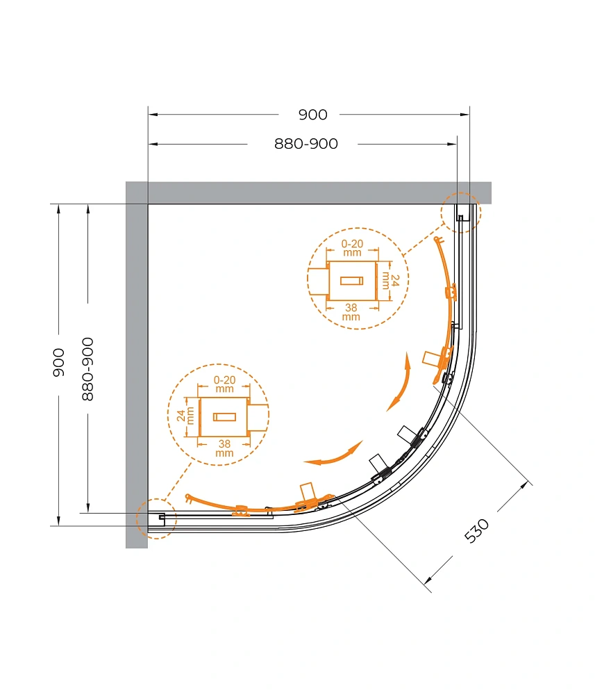 Душевой уголок CEZARES RELAX-304-R-2-90-C-BORO 90x90см стекло прозрачное, профиль брашированное золото — Изображение 6