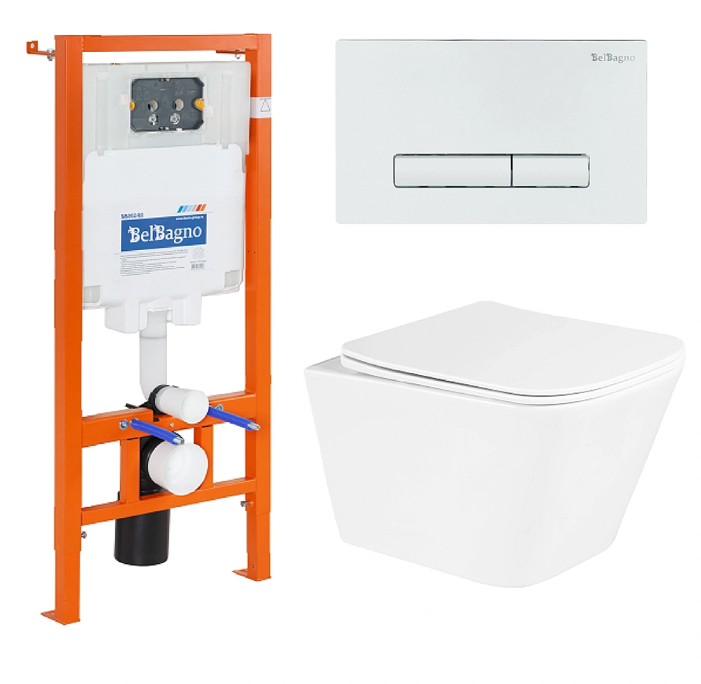 Комплект унитаза BelBagno с сиденьем DUE BB3103CHR/SC инсталляцией BB002-80 и клавишей смыва BB018-GV-BI — Изображение 1