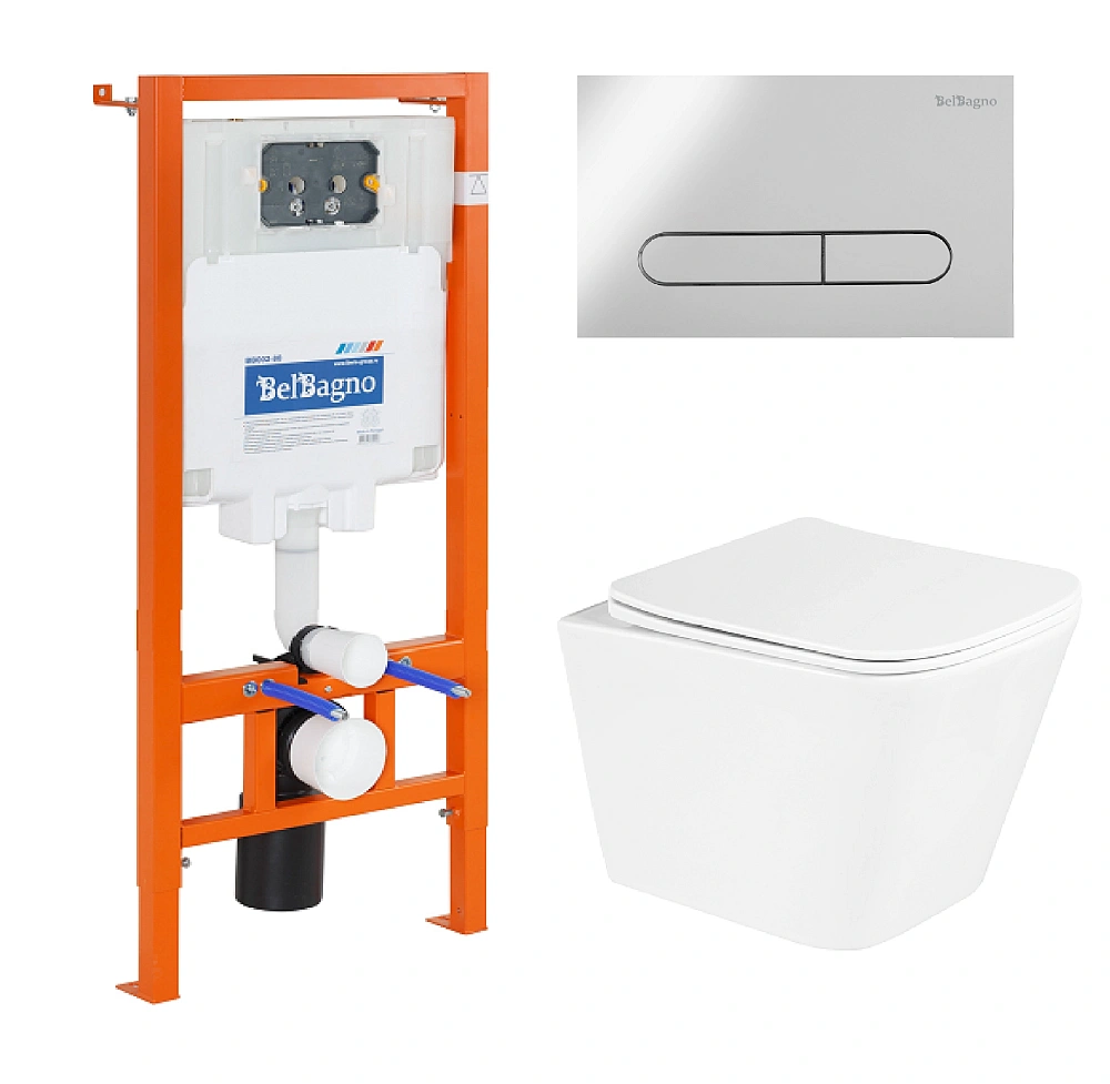 Комплект унитаза BelBagno с сиденьем DUE BB3103CHR/SC инсталляцией BB002-80 и клавишей смыва BB005-PR-CH — Изображение 1