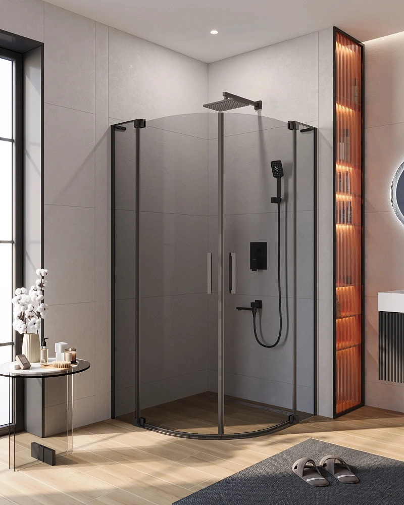 Душевой уголок CEZARES SLIDER-R-2-90/100-GRIGIO-NERO 90-100x90-100см стекло тонированное (графит), профиль черный — Изображение 1
