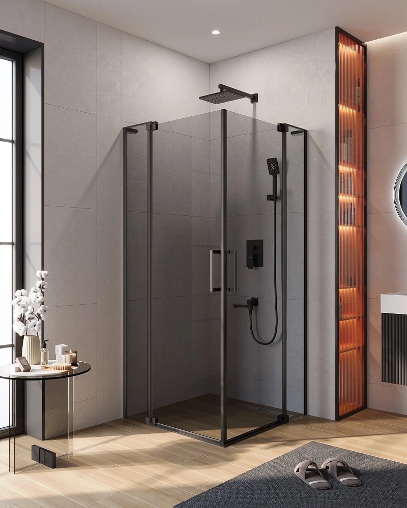 Душевой уголок CEZARES SLIDER-AH-2-90/100-100/110-GRIGIO-NERO 90-100x100-110см стекло тонированное (графит), профиль черный — Изображение 1