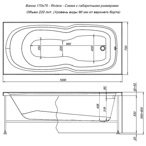 Акриловая ванна Aquanet Riviera 170x75 00230992 Акриловая ванна Aquanet Riviera 170x75 00230992