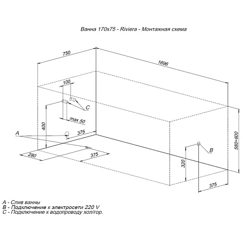 Акриловая ванна Aquanet Riviera 170x75 00230992 Акриловая ванна Aquanet Riviera 170x75 00230992