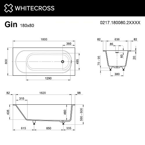 Ванна из искусственного камня WHITECROSS Gin 180x80 RAL матовый Ванна из искусственного камня WHITECROSS Gin 180x80 RAL матовый