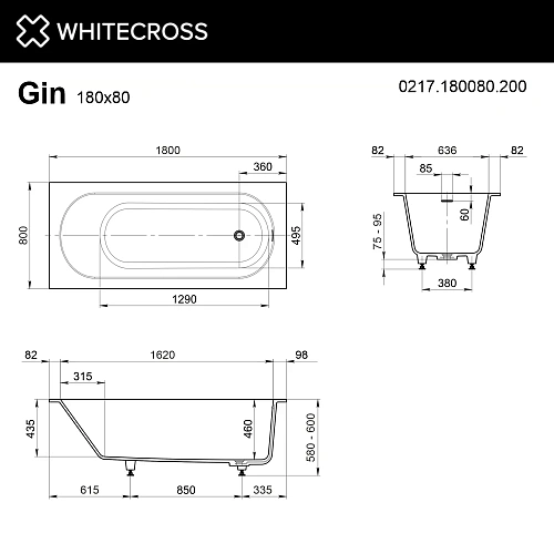Ванна из искусственного камня WHITECROSS Gin 180x80 белый матовый 0217.180080.200 Ванна из искусственного камня WHITECROSS Gin 180x80 белый матовый 0217.180080.200