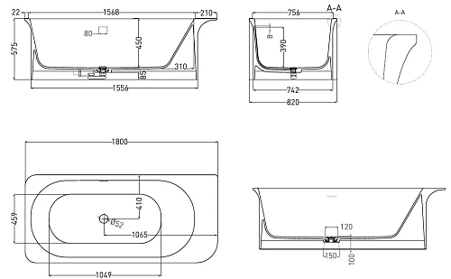 Ванна отдельностоящая Salini NINFEA 180x82 102721M из искусственого камня S-Stone Ванна отдельностоящая Salini NINFEA 180x82 102721M из искусственого камня S-Stone