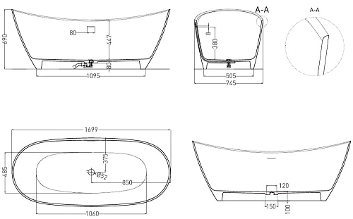 Ванна отдельностоящая Salini NOEMI 170x75 101722M из искусственого камня S-Stone Ванна отдельностоящая Salini NOEMI 170x75 101722M из искусственого камня S-Stone