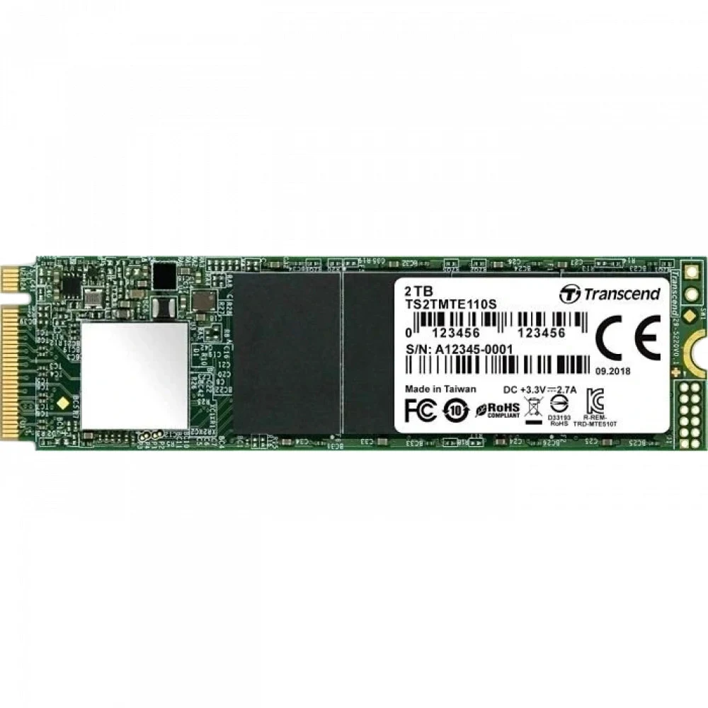 Твердотельный накопитель/ Transcend SSD MTE110S, 2048GB, M.2(22x80mm), NVMe, PCIe 3.0 x4, 3D TLC, R/W 2500/1700MB/s, IOPs 200 000/250 000, TBW 800, DWPD 0.2 (12 мес.)
