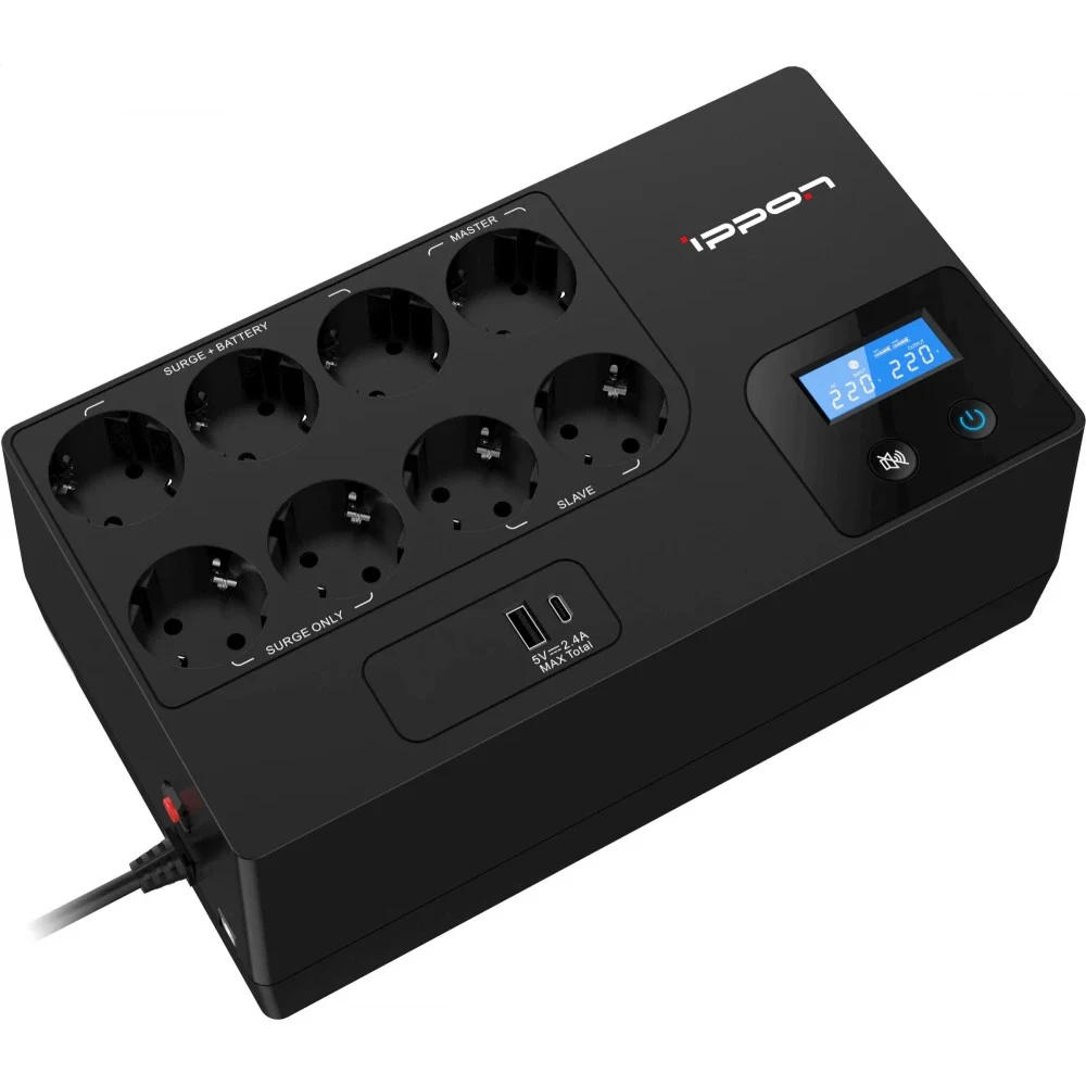 ИБП IPPON Kirpich 850 черный (линейно-интерактивный, 850VA, 480W, 6+2xEURO, USB, USB-зарядное устройство 5 В, 2.4 А (1А+1С)) (2003036)