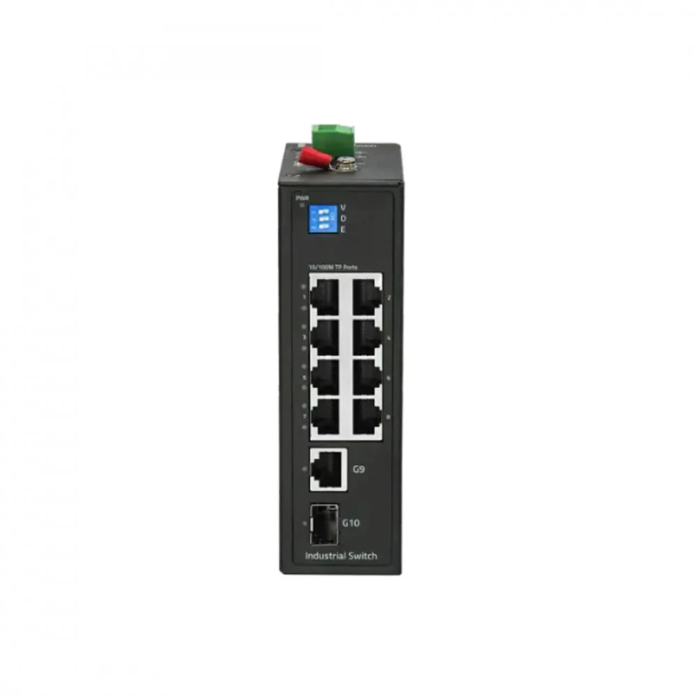 Коммутатор, BDCOM, IES200-LSTW1108, Неуправляемый, 8 портов 10/100M RJ45, 1 порт SFP, 1 порт GE RJ45, DC 12-55В Dual RPS, -40+75°C, DIN-rail