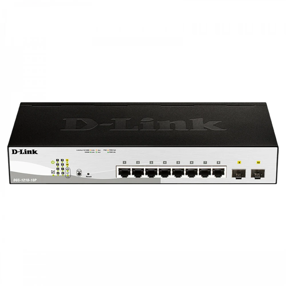 Коммутатор D-Link DGS-1210-10P/FL2A Управляемый L2 коммутатор с 8 портами 10/100/1000Base-T и 2 портами 1000Base-X SFP (8 портов PoE 802.3af/at, PoE бюджет 65 Вт)
