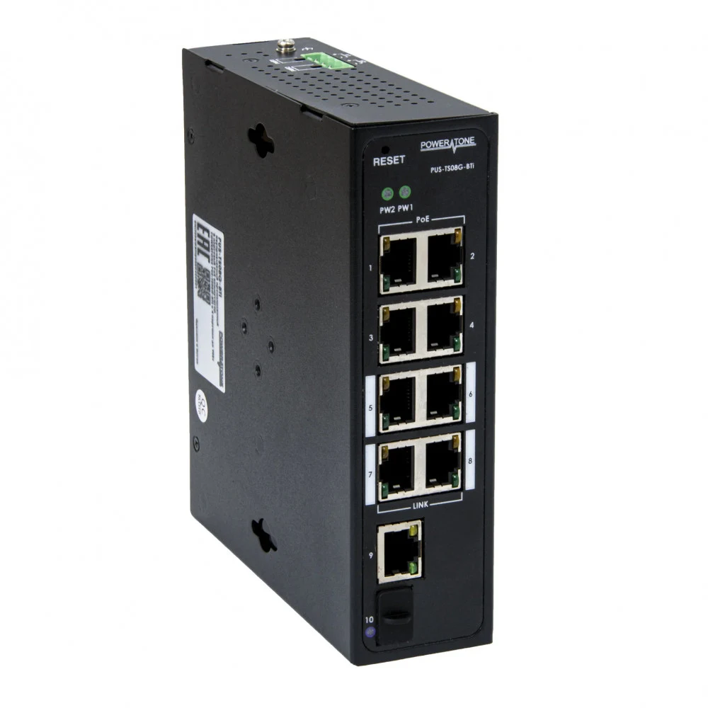 Неуправляемый промышленный 8 портовый PoE коммутатор POWERTONE PUS-TS08G-BTi с 4 портами до 90Вт