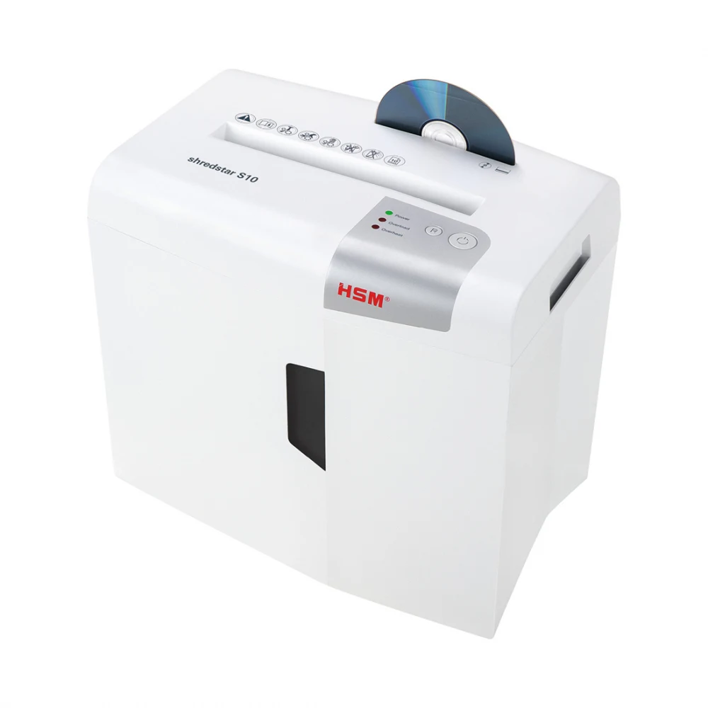 Шредер, HSM, Shredstar S10 (6mm) 1042121, фрагмент 6мм, P-2, режущая способность 10л, Ёмкость корзины 18л, продольная резка, Уничтожение CD/кредитные карты/Скрепы, белый