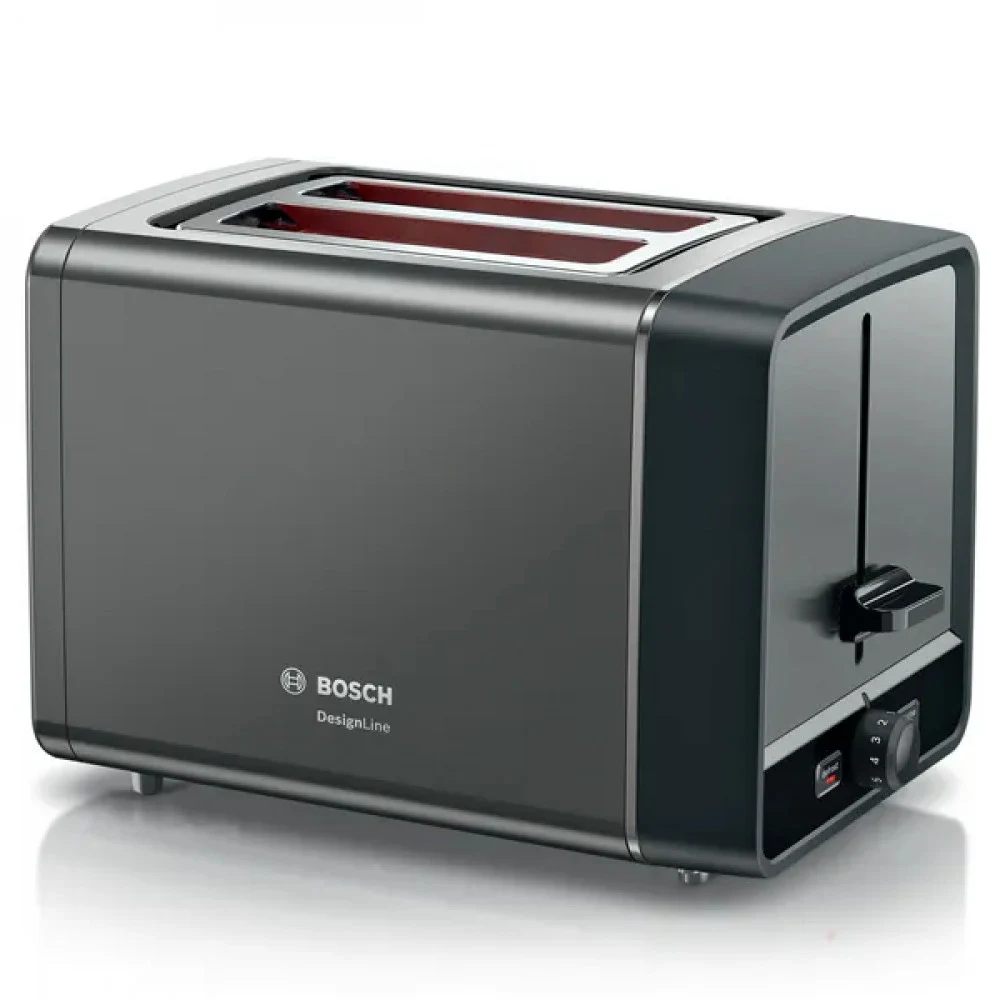 Тостер Bosch TAT5P425 Тостер Bosch, 2 отделения, 7 уровней прожарки, электромеханическое управление, поддон для крошек, мощность 970 Вт, функция разморозки, подогрев, КНОПКА "Stop", цвет графитовый/