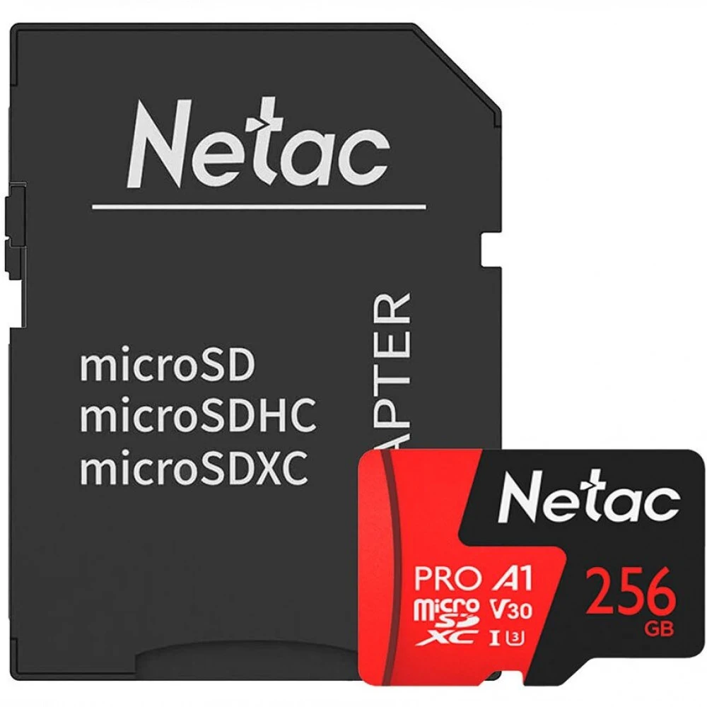 Модель P500PRO Бренд Netac Объем, ГБ 256GB Материал пластик Скорость чтения до 100 МБ/сек SD Speed Class A1, V30, UHS-I Class 3 (U3), Class 10 Комплект поставки microSD-SD адаптер Цвет черный/красны