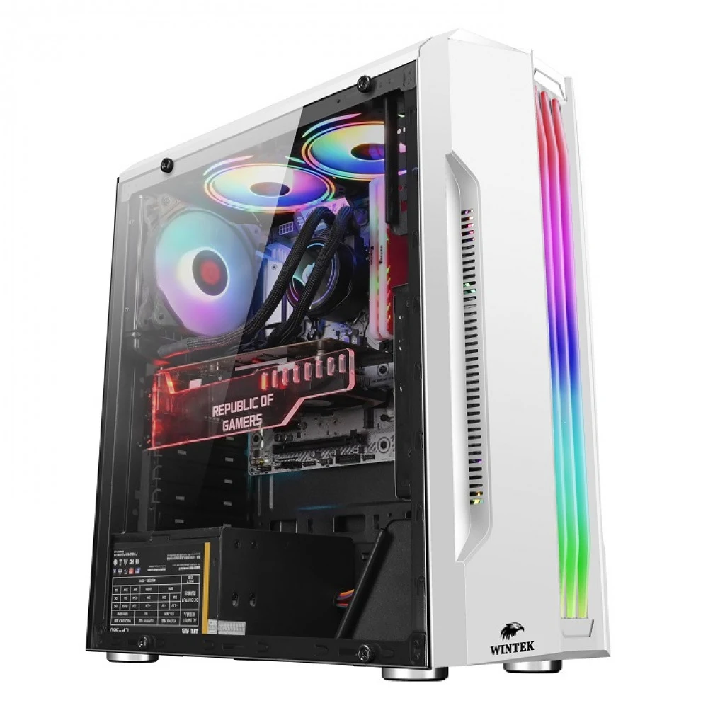 Корпус Wintek Flame D525-W TG, Mid Tower, ATX, White, 2x3.5"/2x2.5" HDD, 2xUSB, Mic+Audio, RGB